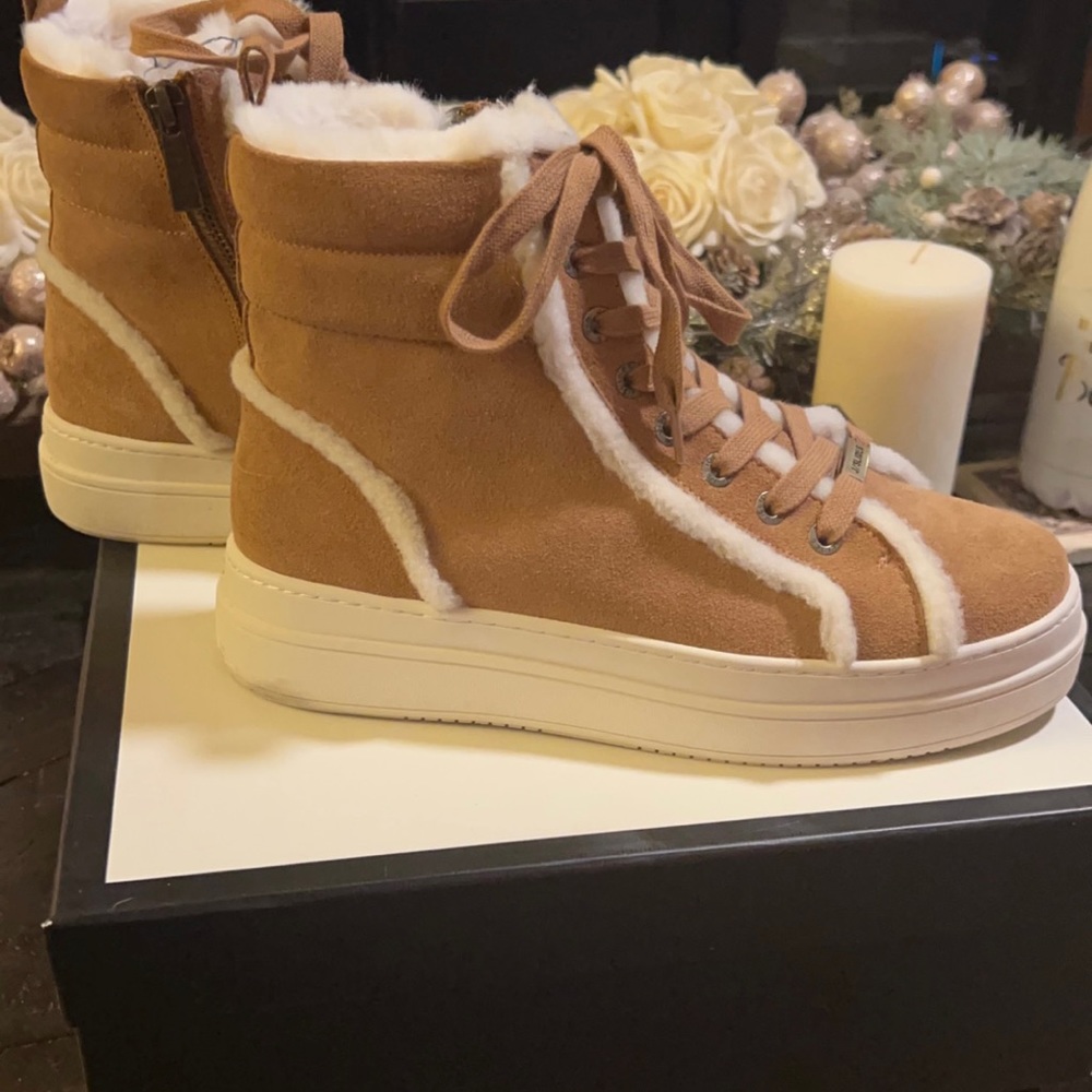 J/Slides | Women’s Cognac Tan Suede Fleece Platform High Top Bootie Shoes 7